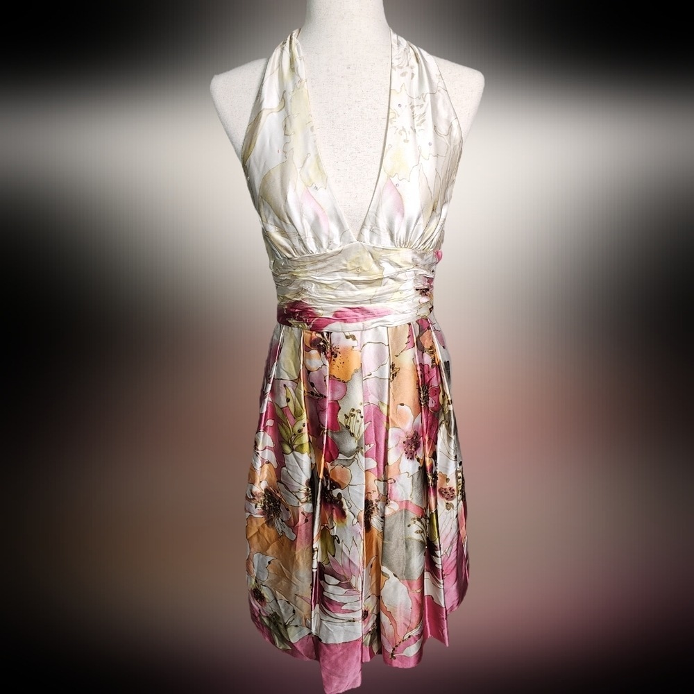Adrianna Papell Silk Occasions Floral Halter Midi Dress Pink Orange White M - Picture 5 of 12